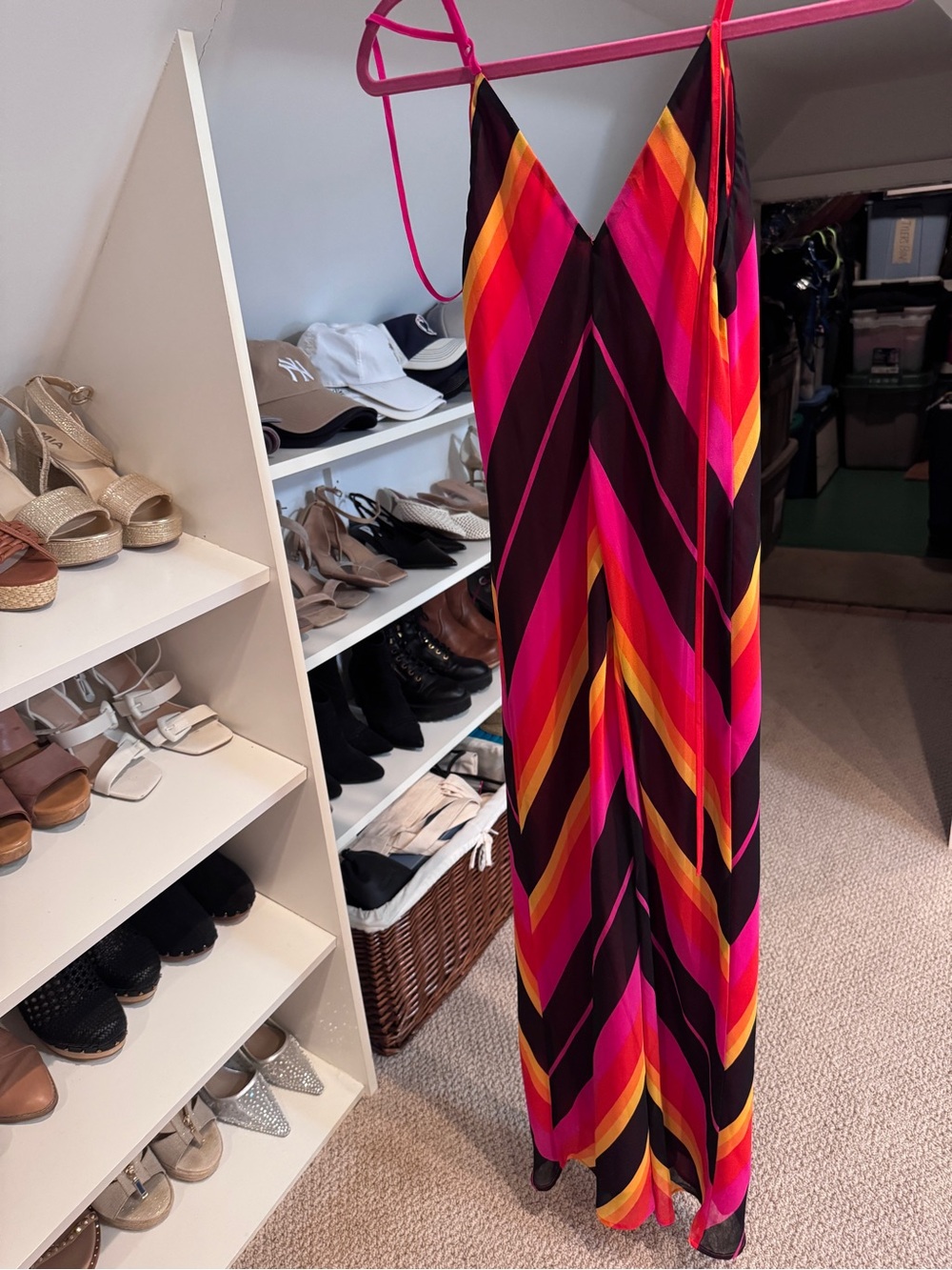 Christopher John Rogers Pink, Black & Orange Chevron Maxi Slip Dress
